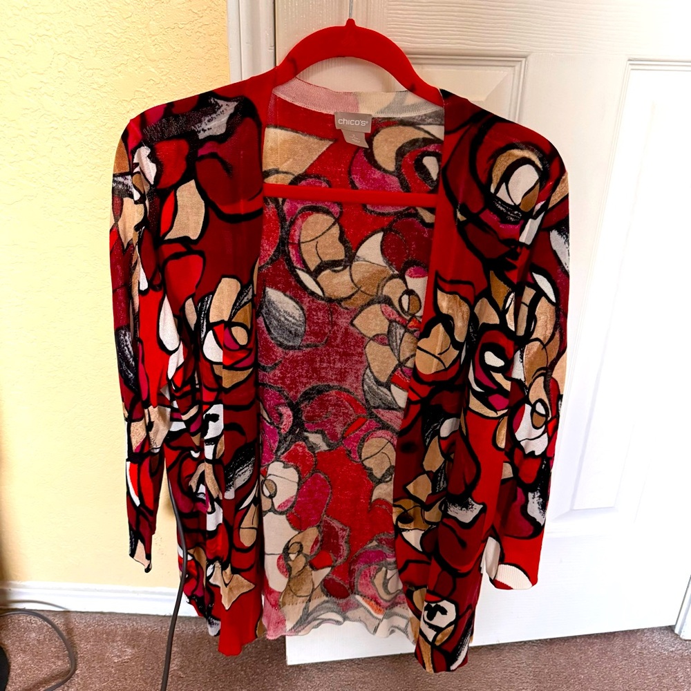 Chicos Red, Tan, Black Cardigan Size 2